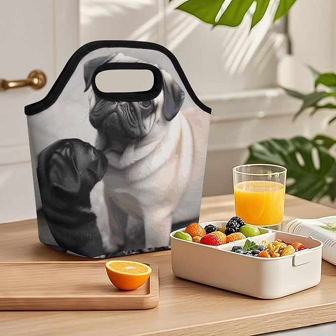 Cute Pet Pug Lunch Bag Cooler Bag Tote Bags | Reusable Portable Lunch Box for Women/Men Lightweight Soft Cooler Bags Organizer for Adults Work Travel Outdoor