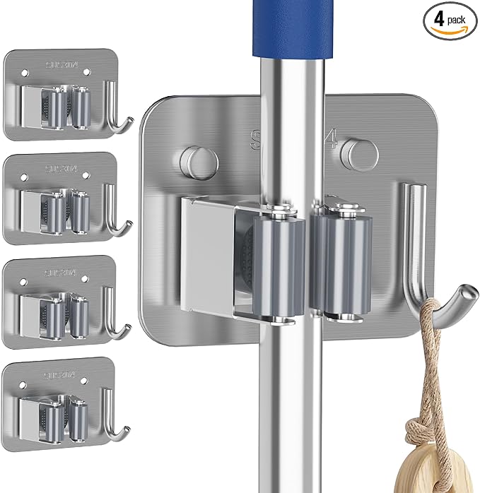 4 Pack Stainless Steel Mop and Broom Holder Wall Mount with Hook, Silver | Screw Drilling or Self Adhesive Storage Rack for Closet Laundry Garage Garden Tool Organizer