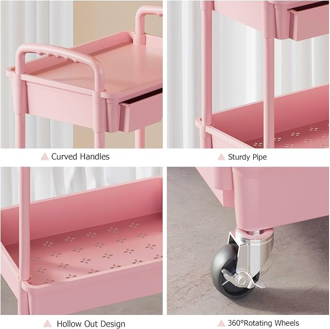 4 Tier Rolling Utility Cart with Drawer, Plastic Storage Organizer Rolling Carts with Wheels Handles Hanging Cups Hooks for Office, Bathroom, Kitchen,Craft Art Room (Pink)