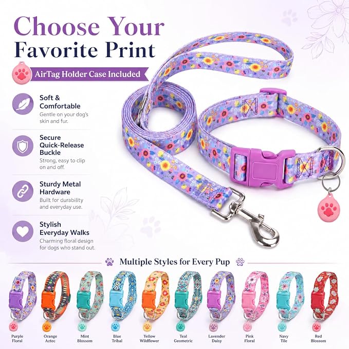 Floral Matching Dog Collar and Leash Set with AirTag Holder-Purple Daisy/XS | Anti-Lost,Adjustable Durable Pet Collar Leash Combo for Puppy X-Small Boy Girl Dogs,Outdoor Walking Hiking Training Running