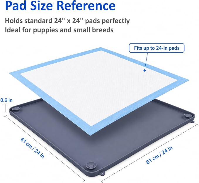 Silicone Dog Pee Pad Holder, 24×24 in, for Small Dogs Under 10 lb, 2-in-1 Flat/Wall-Mount Design, Non-Slip Anti-Splash with Corner Snap Locks, Deep Gray