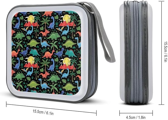 Portable 40-Capacity DVD Storage Binder Dinosaurs World, Hard Case CD Holder with Zipper, Organizer for Music Movies Game Discs