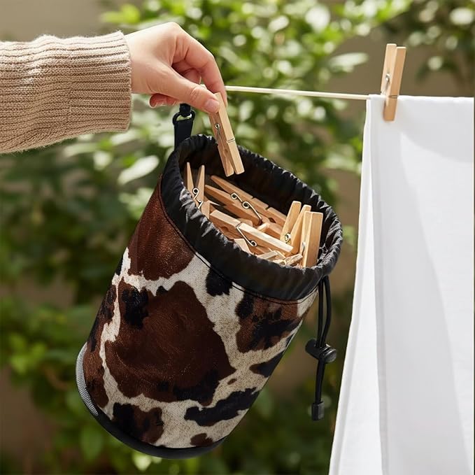 Drawstring Clothespin Bag, Brown Leopard Print Laundry Clip Organizer Pouch with Metal Grommet Hanging Loop, Portable Storage for Washing Pegs, Camping, Dorm, RV