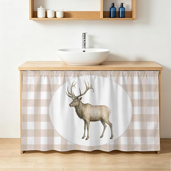 Majestic Buck Sink Skirt for Bathroom, Self-Adhesive Under Sink Curtain, Modern Natural Buck Rustic Farmhouse Plaid Hide Pipes & Storage Fabric Cabinet Skirt Cover for Kitchen Laundry 32"x55"