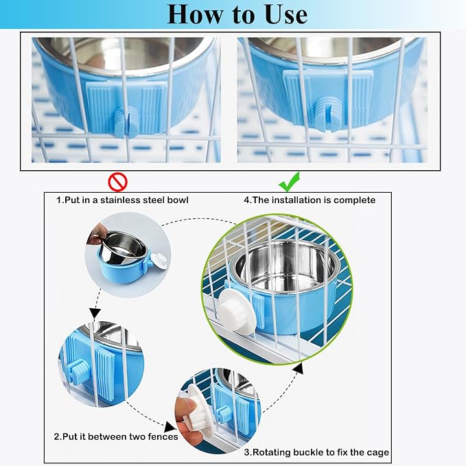 Mechpia 2 Pieces Crate Dog Bowl, Removable Stainless Steel Pet Kennel Hanging Food Water Feeder Bowl Cage Coop Cup for Puppy Medium Dog Cat Rabbit Ferret Bird (Blue,Green) (Pack of 2)