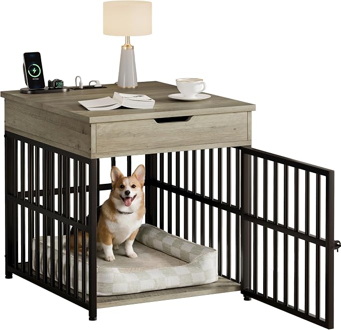 IRONCK Dog Crate Furniture for Small Dogs, Gray | Wooden Dog Kennel with Flip Top Drawer, Indoor Pet Crate End Table with Charging Station, Steel-Tube Dog Cage
