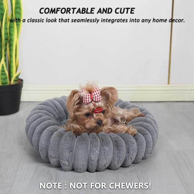 Kitten Beds for Indoor Cats - Soft Cozy Small Cat Bed Washable 16 Inches,Calming Anti-Slip Round Fluffy Plush Faux Fur Pet Bed for Puppy and Kitten up to 5 lbs,Warm Grey