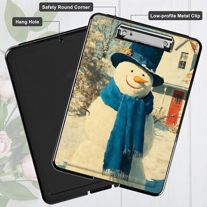 Heavy Duty Storage Clipboard, Slim Nursing Clipboard with Internal Pen Case, Portable File Organizer Case for A4 Letter Size Paper Office Medical Professionals, Blue Towel Snowman