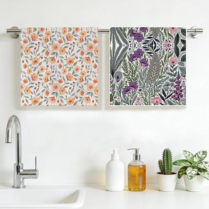 2PCS Vintage Boho Floral Kitchen Towels 14x24 Inch, Absorbent Microfiber Decorative Dish Cloth Tea Towel, Retro Colorful Flower Dish Tea Towels Drying Cloth for Kitchen, Housewarming Gifts for Women02