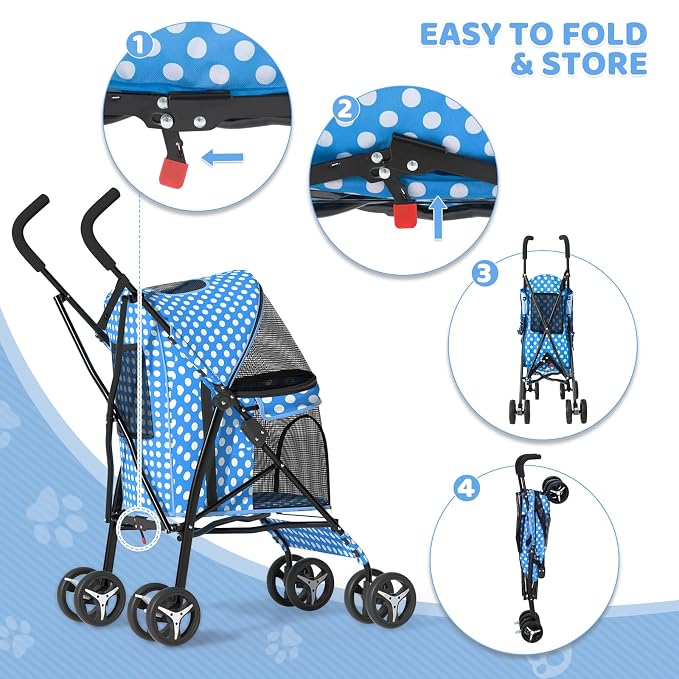 Magshion Compact Fold Pet Travel Stroller for Small Dogs Cats | Up to 22lbs, 4-Wheel Lightweight Umbrella Shaped Design, Safety Tethers, Breathable Mesh, Cup Holder & Rear Storage