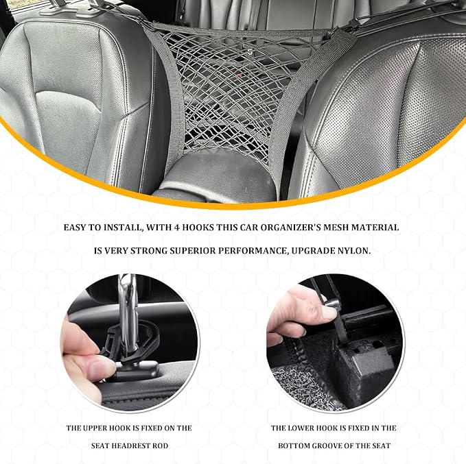 3-Layer Car Mesh Organizer, Car Purse Holder Between Seats, Elastic Tissue Purse Holder Driver Storage Netting Pouch, Auto Interior Accessories Barrier of Backseat Pet Kids for SUV Truck Van