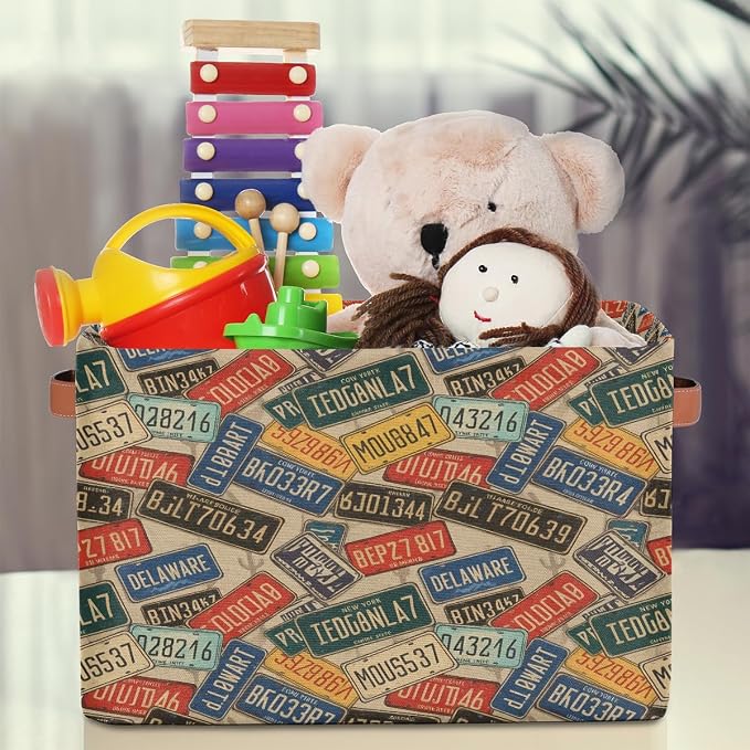 SEULIFE Vintage Car Number Plates Foldable Storage Basket, Large Collapsible Organizer Storage Bin Cube Toys Storage Boxes with Handles for Bathroom Kids Nursery Closet Storage, 1 Pack