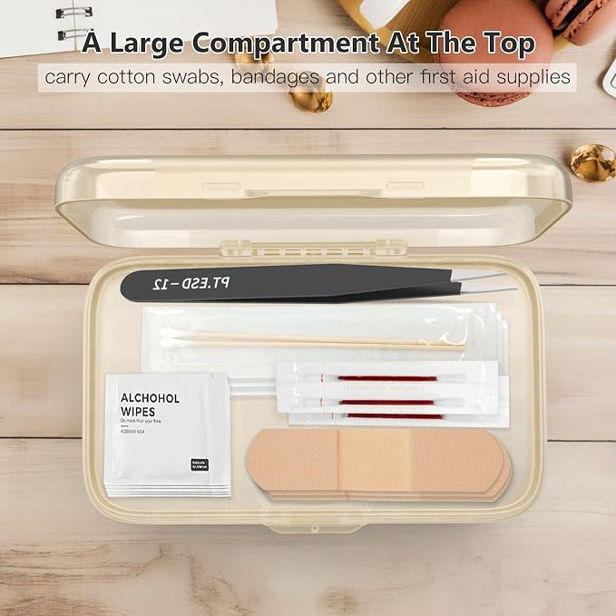 FYY Travel Pill Organizer, Large Weekly Medicine Pill Organizer-Beige | Airtight Moistureproof Medicine Case, Easy to Use, 8 Compartment Pill Box for Vitamins, Fish Oil, Supplements, Mini First Aid
