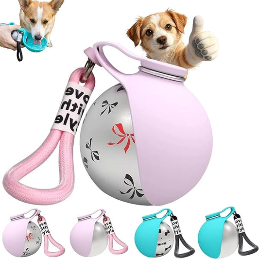 Portable Dog Water Ball,Portable Dog Water Bottle with Bowl,Foldable Pet Water Bottle for Travel,with Stainless Steel Cup & Silicone Bowl,Leak-Proof & Compact Dog Travel,Hiking & Travel (Pink+Print)
