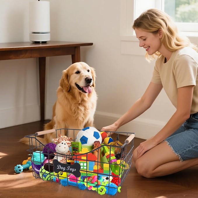 Metal Dog Toy Basket,Indestructible Dog Toy Bin with Wooden Handle,Sturdy Pet Storage Organizer,Ideal for Dog Leash,Blanket,Snacks-15.1 (L) x 10.7 (W) x 7 (H) inches