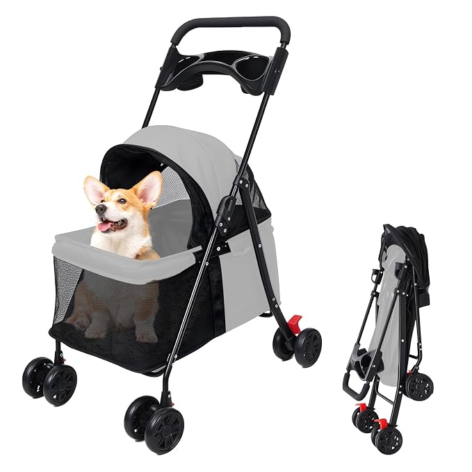4‑Wheel Foldable Pet Stroller, Travel Strolling Cart for Small & Medium Dog | Breathable Visible Mesh Window, Cup Holder & Storage Basket, Rear Wheel Dual Brake, Portable Folding Design Light Grey