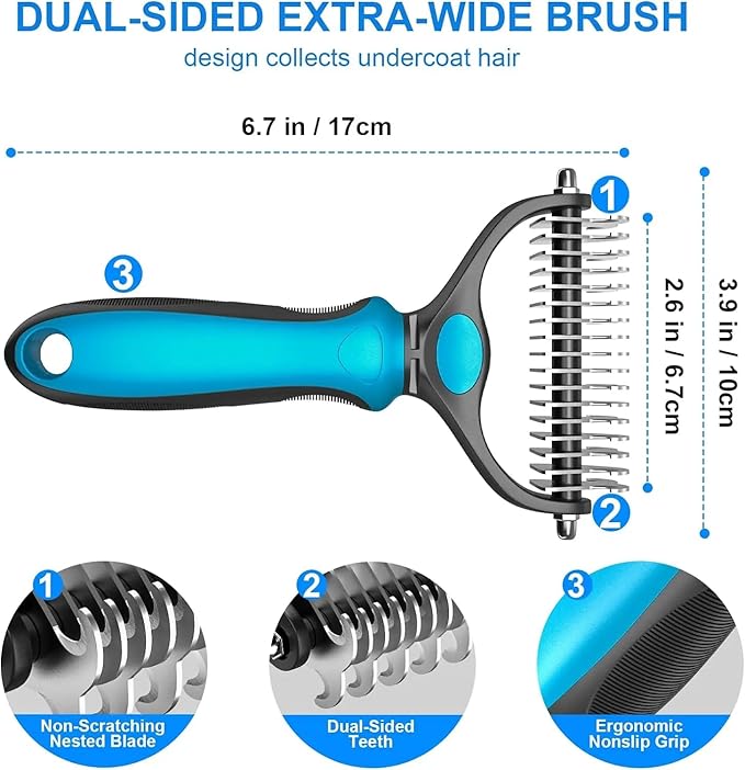 Pet Grooming Brush, Double Sided Shedding and Dematting Undercoat Rake Comb for Dogs and Cats