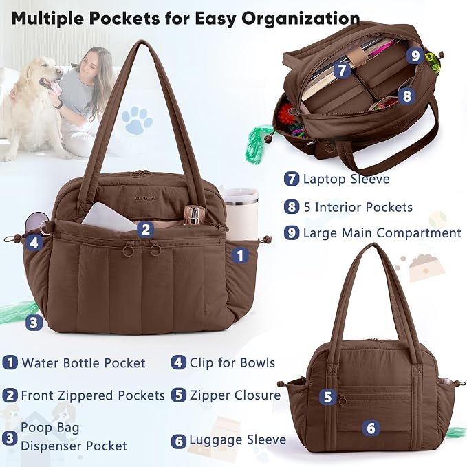 Dog Travel Bag for Supplies, Airline Approved Pet Travel Organizer with 2 Food Containers & Collapsible Bowls, Large Capacity Dogs Tote Bag for Weekend, Stylish Dog Mom Gift for Pet Lovers