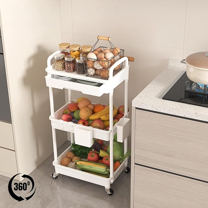 3 Tier Rolling Utility Cart with Drawer, Plastic Storage Organizer Rolling Carts with Wheels Handles Hanging Cups Hooks for Office, Bathroom, Kitchen,Craft Art Room (White)