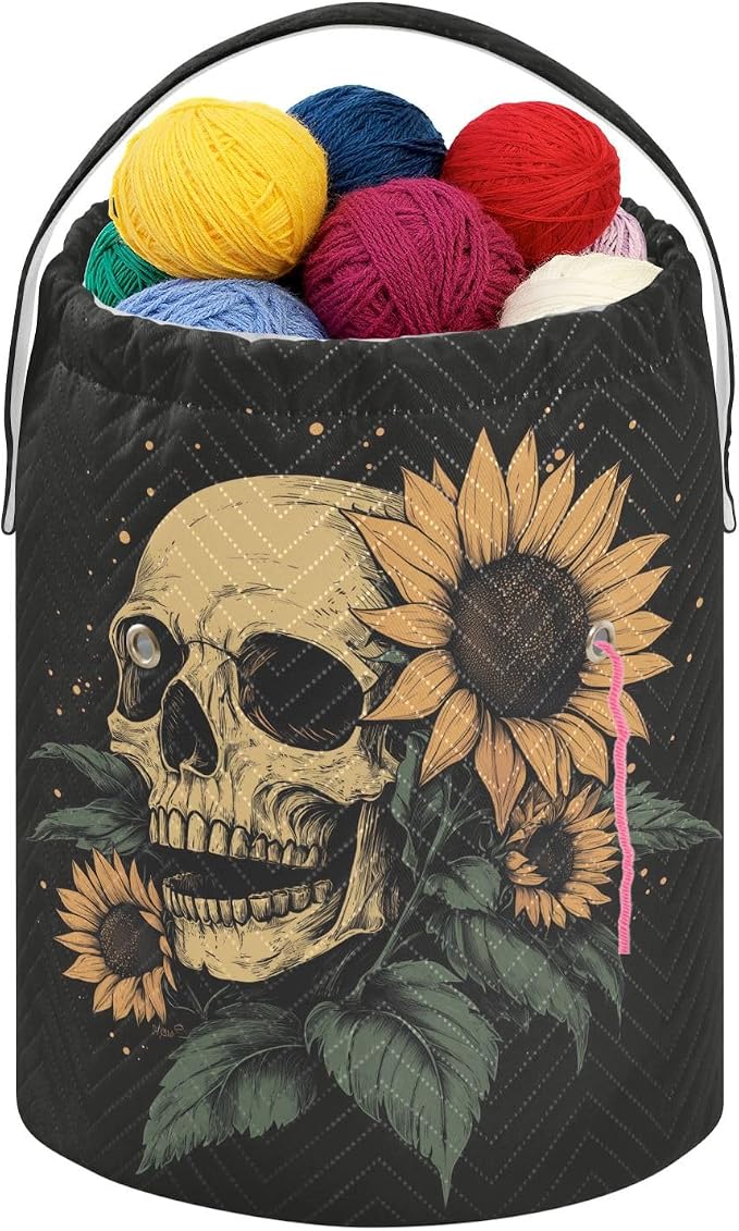 Fustylead Hand Draw Human Skull and Sunflower Design Large Yarn Storage Tote Basket, Knitting Crochet Drawstring Organizer Bag for Crocheting Project, Yarn Balls, Needles Accessories