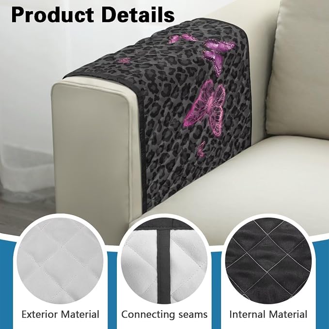 Leopard Butterfly Stretch Armrest Covers Couch Arm Cover Non-Slip Arm Rest Covers with 2 Pockets Armchair Slipcovers for Recliner Furniture Protector Home Decor
