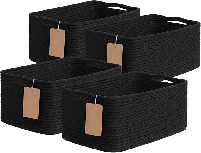 Goodpick 4 Pack Storage Baskets for Organizing Shelves, Black | 13" x 8" x 6" Woven Rope Baskets for Baby Toys, Books & Nursery Essentials, Stylish Gift Basket for Nursery & Home Decor