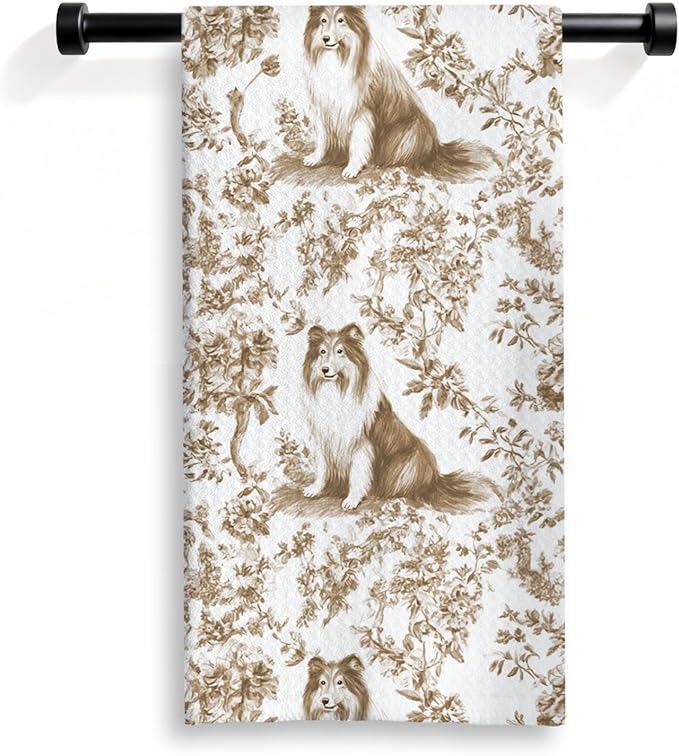 Rough Collie Kitchen Dish Towels,Brown and White Floral Dog Towel Dish Tea Towels, Chinoiserie Decor for Kitchen Bathroom,Rough Collie Gifts for Dog Lover Mom Dad,16x24 Inch