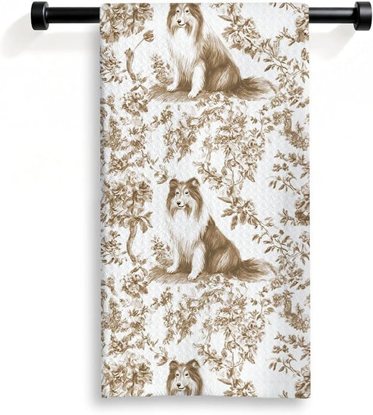 Rough Collie Kitchen Dish Towels,Brown and White Floral Dog Towel Dish Tea Towels, Chinoiserie Decor for Kitchen Bathroom,Rough Collie Gifts for Dog Lover Mom Dad,16x24 Inch