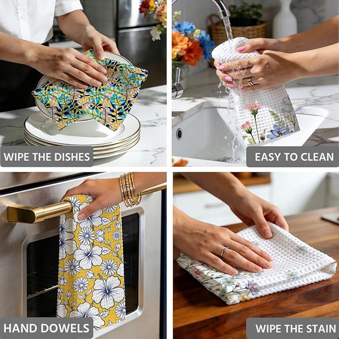 3 Pcs Retro Flower Kitchen Towels, Colorful Flower Soft Absorbent Hand Tea Towel, Microfiber Dish Cloths for Drying Dishes, Waffle Dish Towels for Kitchen Farmhouse Decor, Floral Gifts for Women Mom05