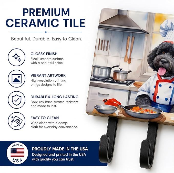 Caroline's Treasures Portuguese Water Dog The Chef Leash or Key Holder Wall Hooks, Key Hooks Holder, Coat Rack Wall Mount, Coat Hooks, Hooks for Hanging Keys, Towels, Aprons, Leashes | Portuguese Water Dog The Chef artwork on ceramic tile with three st...