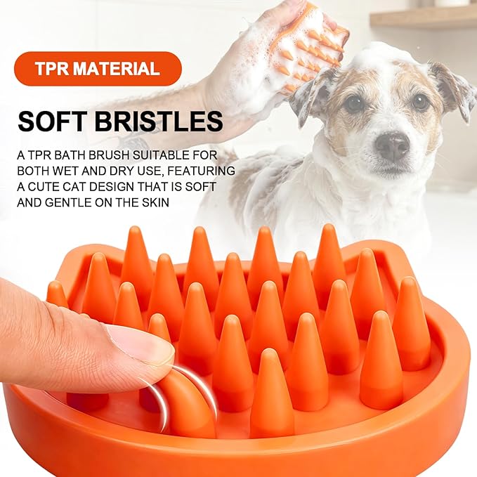 Orange Cat-Shaped Dog Bath Brush Dog Washing Brush Soft TPR Massage Shampoo Brush Pet Grooming Cleaning Tool for Small Medium Dogs and Cats Gentle Remove Loose Hair Deep Cleansing
