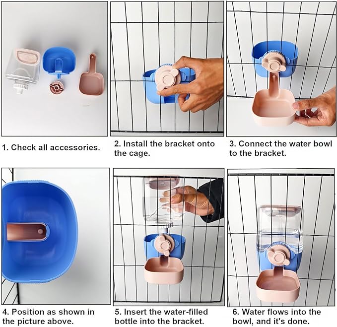 35oz Rabbit Water Bottle, Pet Hanging Automatic Water Dispenser for Small Animal Ferret Guinea Pig Chinchilla Dog Cat (Cage Grid Spacing 1.2''-2.1'') (Blue-Pink)