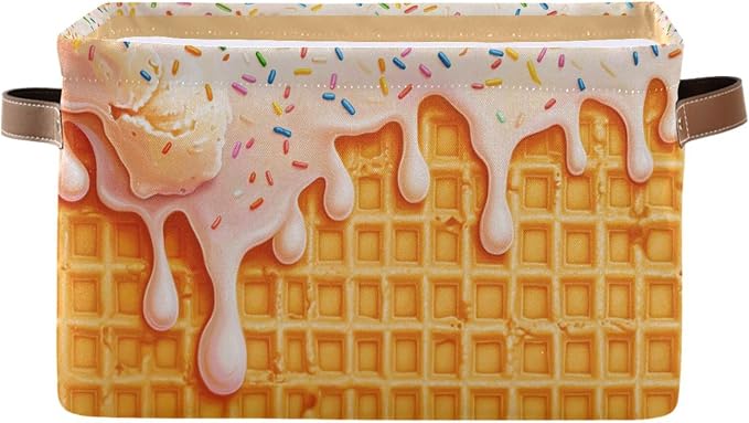 Icecream Waffle Yellow Rectangular Storage Bin Basket with Handles - Nursery Storage Laundry Hamper Storage Baskets