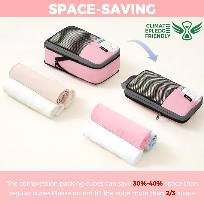 BAGAIL 4/6 Set/8 Set Compression Packing Cubes Travel Accessories Expandable Packing Organizers(HalfMesh, 8-Pink)