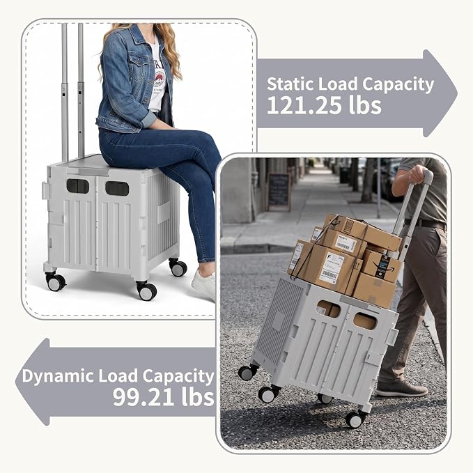 Foldable Shopping Cart with Wheels: Gray Rolling Utility Crate | Adjustable Handle, All-Terrain Wheels, Multipurpose Grocery Trolley for Teacher, Market, Office, Luggage, Laundry, Garden