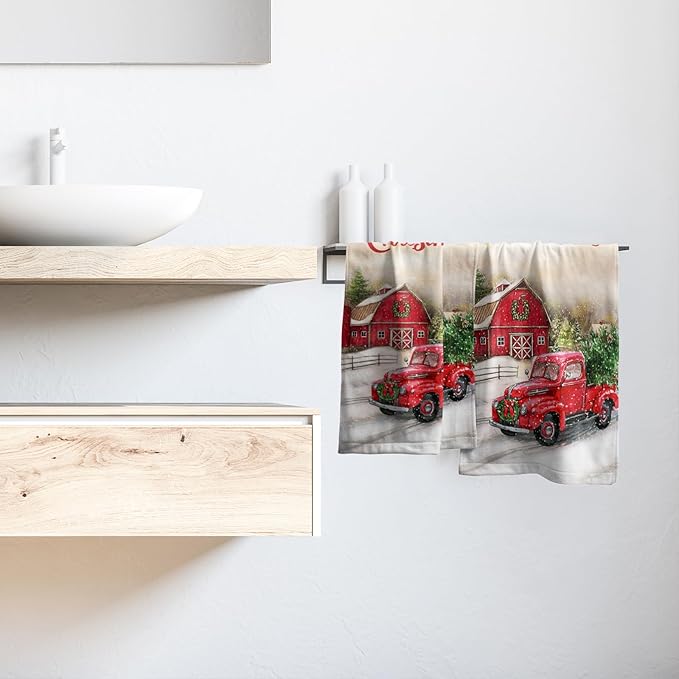 Giwawa Red Truck Hand Towels Christmas Holiday Soft Dish Towels Absorbent Quick Dry Face Fingertip Towels for Kitchen Bathroom Gym Sports