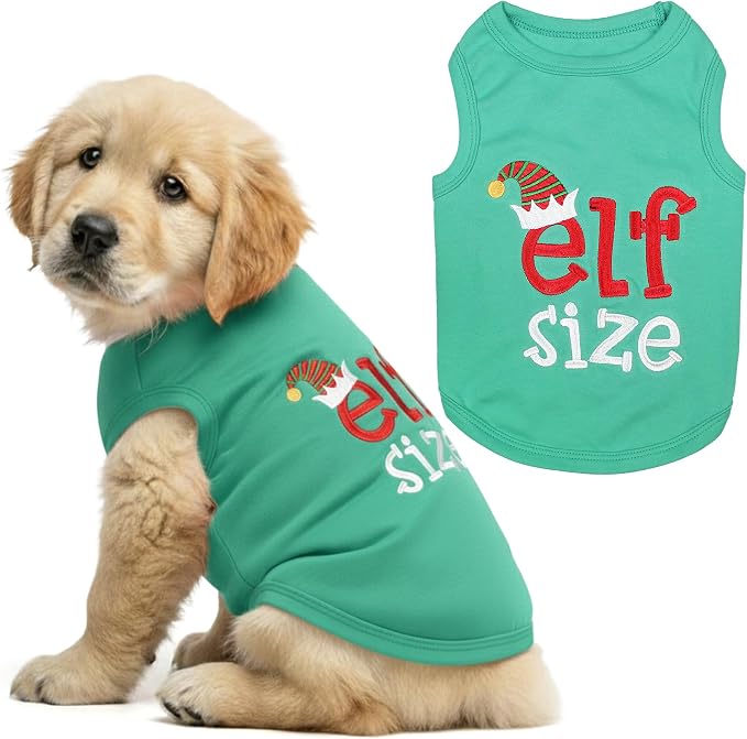 Parisian Pet Dog Shirt Embroidered “ Elf Size “ - Lightweight Cotton Dog Christmas Outfit - Sleeveless Christmas Pet Clothes - Machine Washable Shirts for Small Dogs - XXS