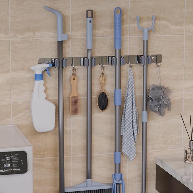 Wall Mounted Broom and Mop Organizer Stainless Steel Storage Rack | Heavy Duty 4 Racks with 5 Hooks Holder for Garden Tools, Space Saving Home, Garage, Kitchen and Laundry Organization