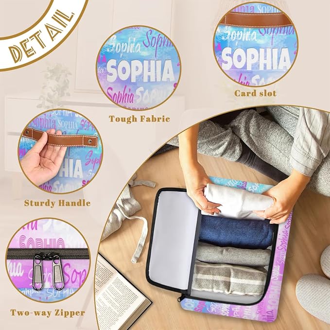 Custom Storage Baskets for Kids with Name, Large Foldable Organizer Collapsible Storage Bin with Zipper Lid Leather Handle for Home Toys Closet Nursery, Blue with Pink Watercolor