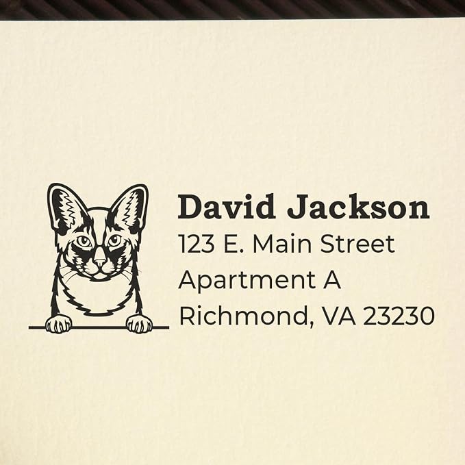 Peeking Oriental Longhair Cat Wood Handle Address Stamp - Crisp Imprint | Custom Oriental Longhair Cat Snail Mail Stamp. Uses a separate ink pad. Rubber Address Stamp for Cat Dads. 4 lines.