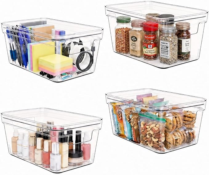 MOONEDGE 4-Pack 10x6x5 Stackable Small Clear Storage Bins with Lids | Plastic small item organizer containers with handles for vanity, craft, office, fridge, kitchen, pantry, bathroom and closet