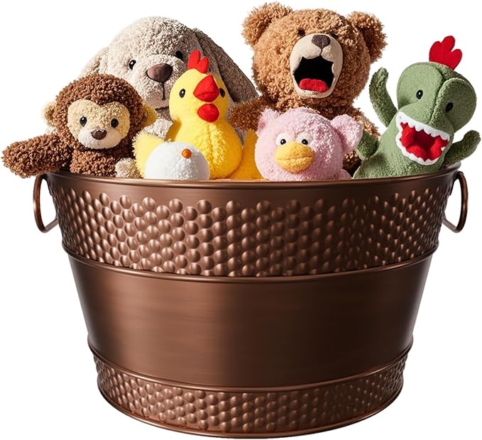 Copper Metal Dog Toy Storage Bin, 15-Quart | Sturdy Round Design with Handles, Easy Toy Access and Carrying, Suitable for Living Rooms