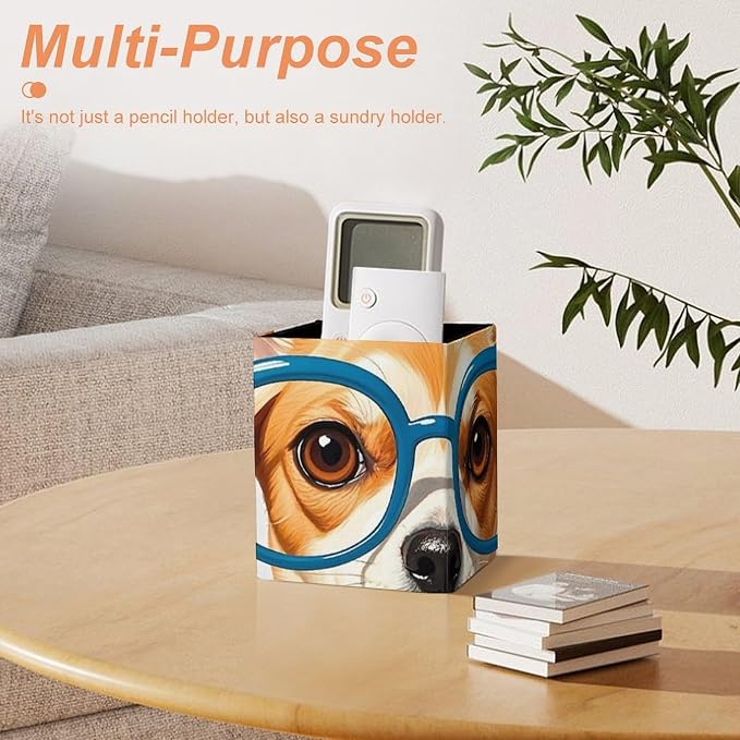 Pet Dog Soft Bow Tie, Oversized Glasses Leather Pen Holder, Square Pencil Box for Office