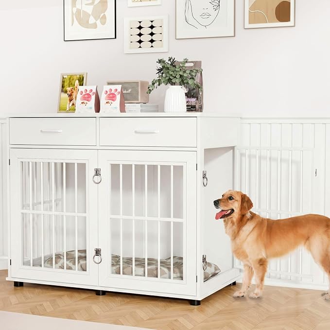 VOWNER 43.3" Large Dog Crate Furniture with 2 Drawers, White | Wooden Dog Kennel Furniture End Table with 3 Doors, XL Dog Kennel Indoor with Storage, Dog Cage TV Stand for Large Medium Dog