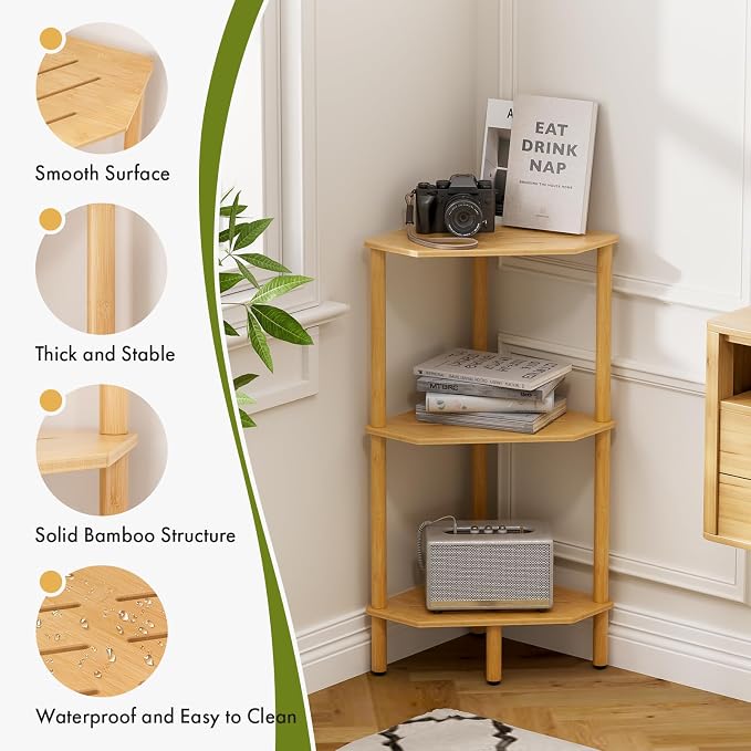 3 Tier Bamboo Corner Shelf, Storage Stand with Adjustable Feet, Small Spaces Corner Bookshelf, Plant Stand, Space-Saving Organizer Shelves, Small Corner Table for Bathroom Kitchen Living Room