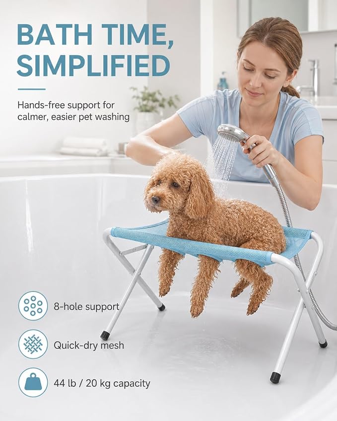 Foldable Pet Bathing Stand, Dog Grooming Hammock for Cats and Small Dogs | Portable Shower Rack with 8-Hole Quick-Dry Mesh, 44 lb Capacity | Home Washing, Trimming & Nail Care(Blue)