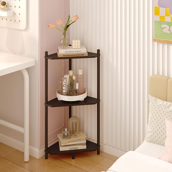 Wisuce Brown Small Corner Shelf Stand, 3-Tier Bamboo Corner Bookshelf | Space-Saving Narrow Corner Shelf | Bathroom Corner Shelf | Shelves for Bedroom, Living Room, Kitchen & Plant Display