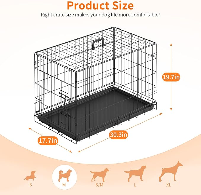 FDW Dog Crate 30-Inch Dog Cage Single Door Foldable Metal Kennel with Leakproof Tray Foldable Design Indoor Outdoor Use for Small and Medium Dogs,Dark Black