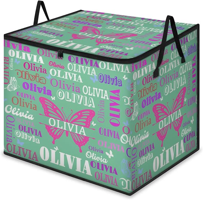 Personalized Storage Bags with Lid Large Blanket Clothes Mint Green Colorful Name Butterflies Organization and Storage Containers for Comforters,Bedding, Foldable Organizer with Reinforced Handle