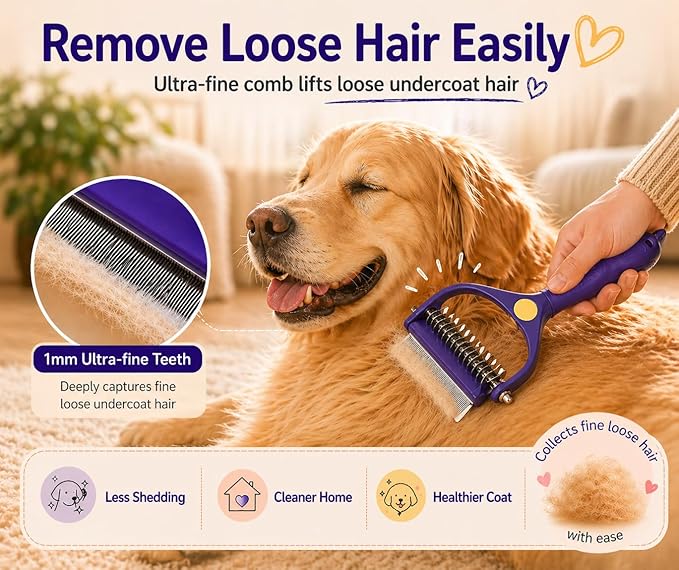 Dog Dematting Comb for Matted Hair, 9+17 Teeth 2-Step Detangler, Stainless Steel Undercoat Rake with Flea Comb, 3-in-1 Grooming Tool for Long-Haired Dogs